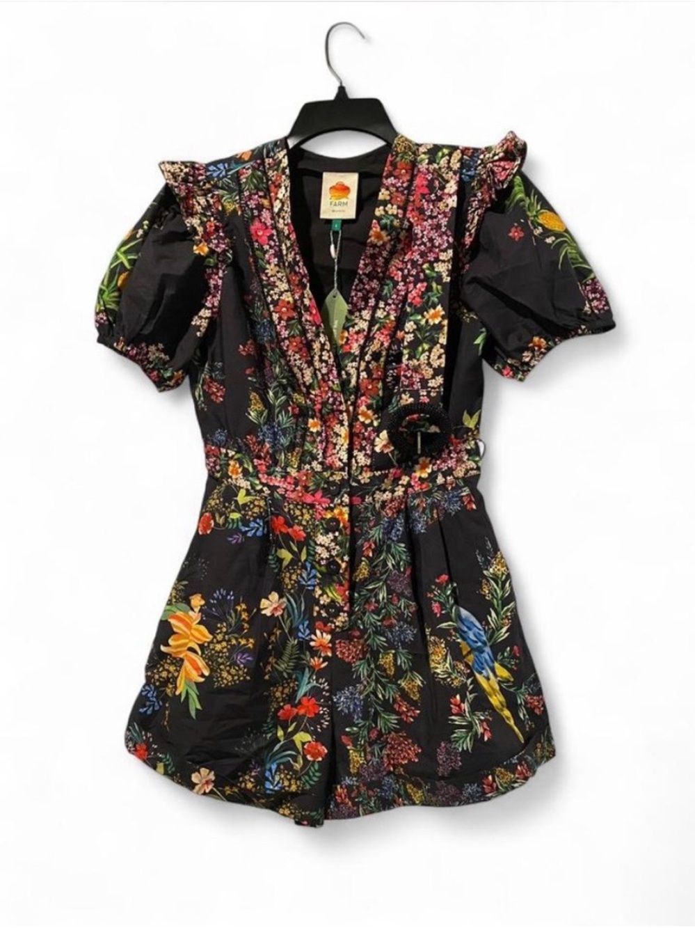 FARM Rio Black Floral Romper with Multicolor Blossoms